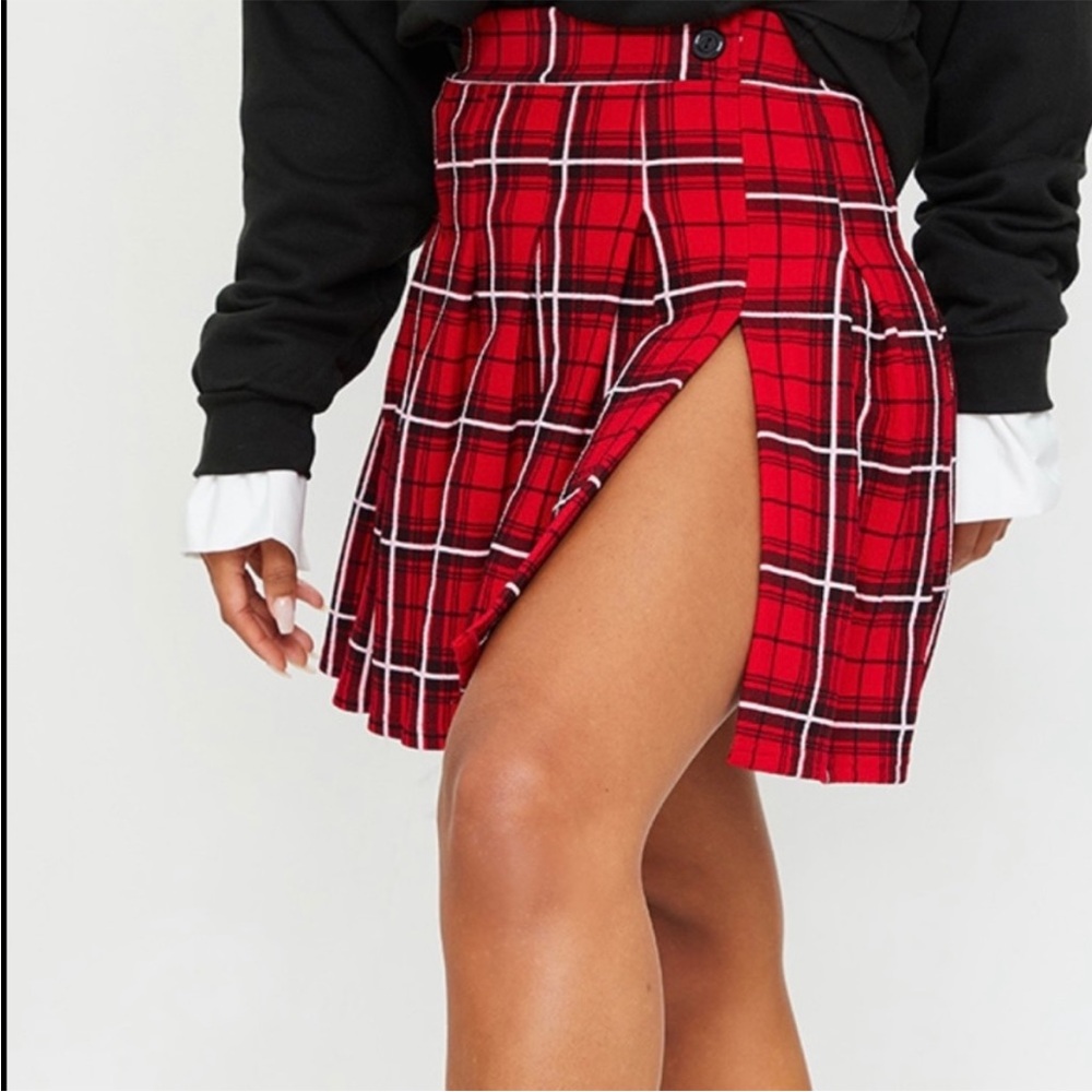 Prettylittlething Red Tartan Check Tennis Skirt